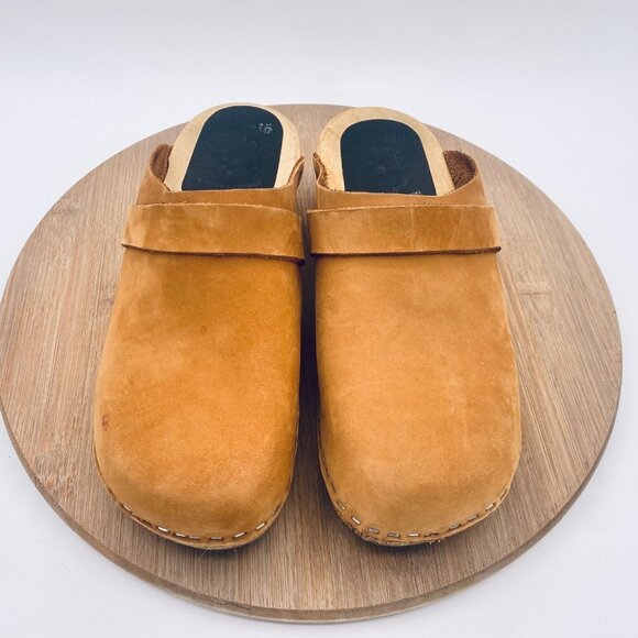 Swedish Wood Clogs Womens 8.5 39 Tan Brown Leather Slides Studded - Picture 2 of 12